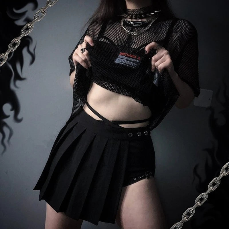 Gothic Punk Pleated Skirt Skort Leg Strap Mini Skirt
