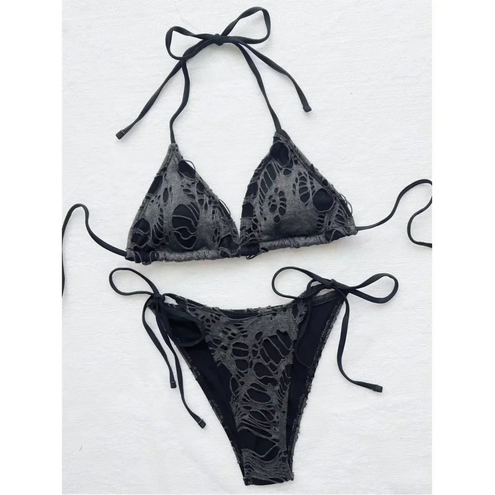 Sexy Gothic Grunge Two Piece Halter Bikini Swimwear