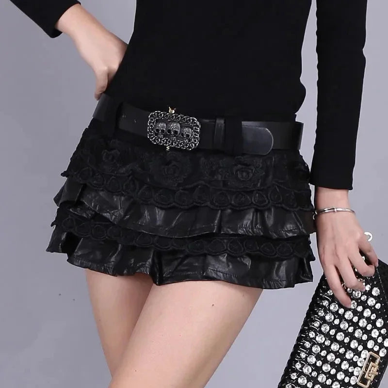 Sexy Gothic Punk Pu Leather Lace Mini Skirt with Belt
