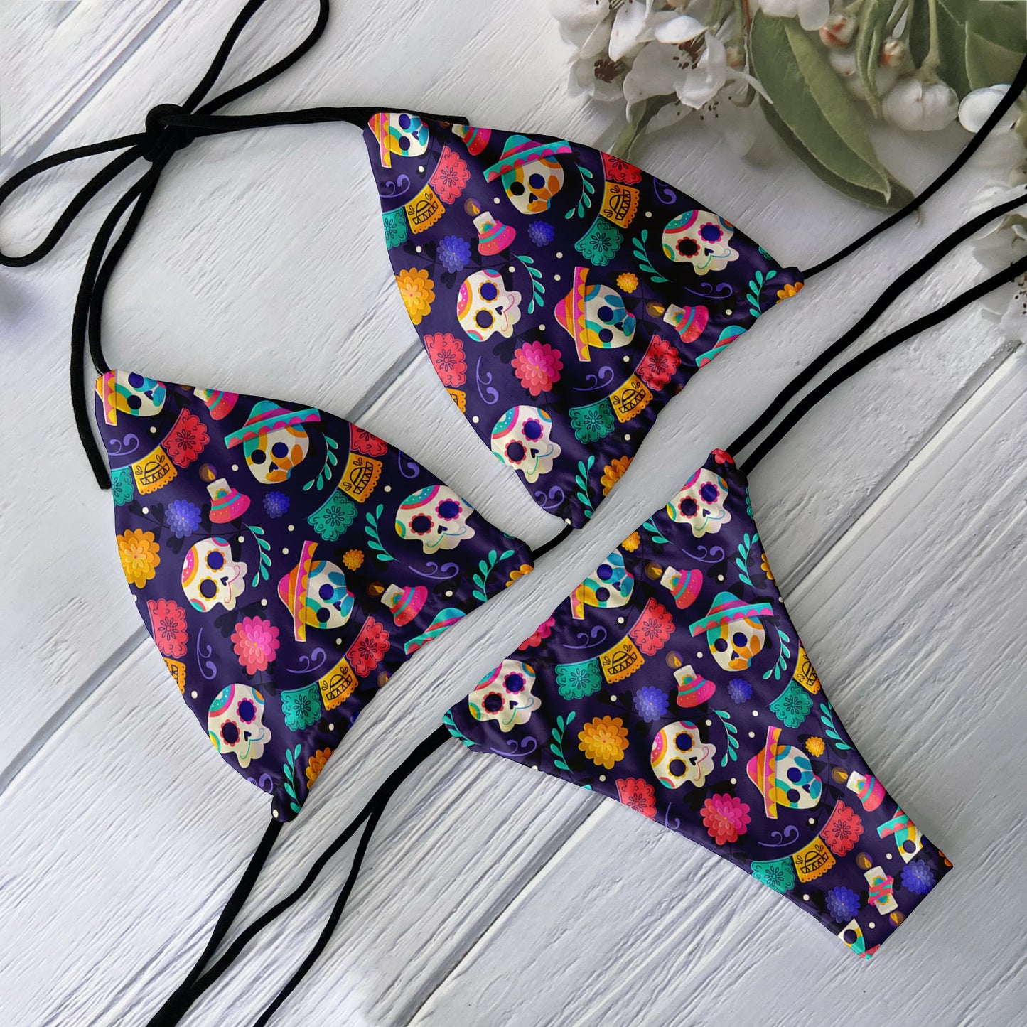 Sexy Halloween Gothic Skeleton Print Halter Bikini Swimwear