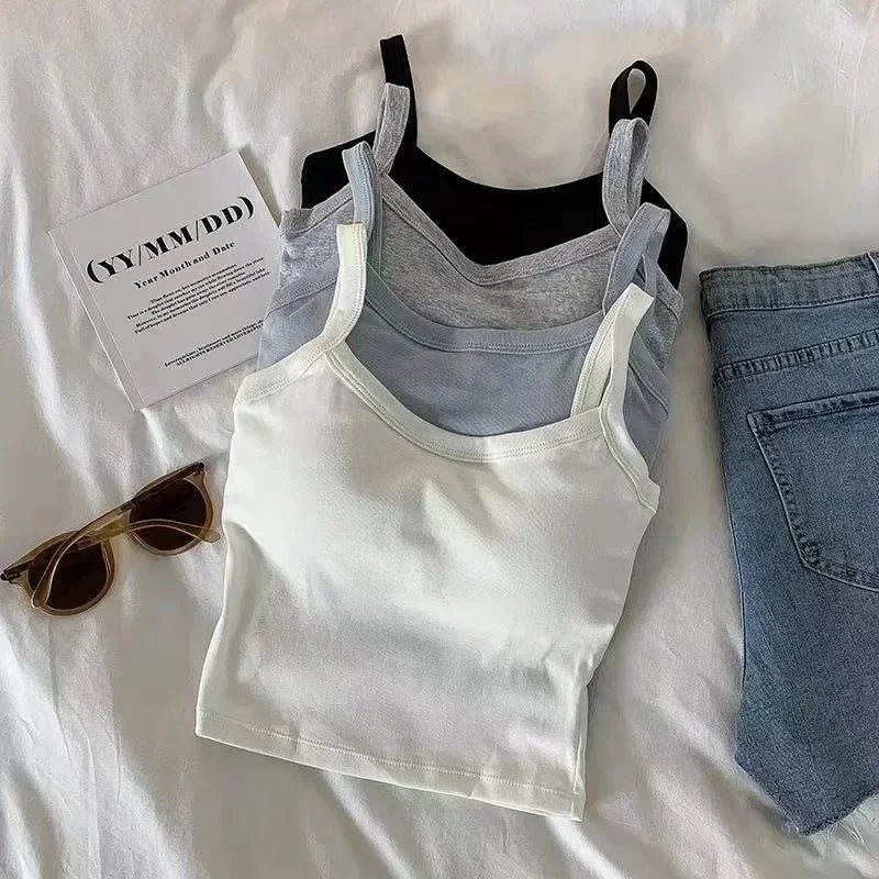 Black Grey White Crop Top Basic Vest Top TShirt Padded Bra