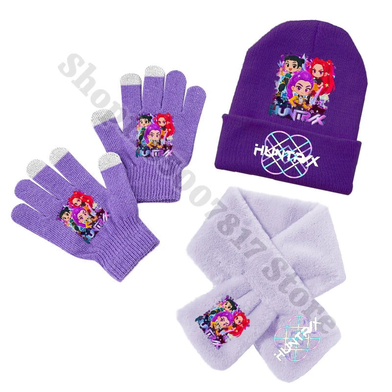 KPop Demon Hunters Kids Winter Knitted Hat Scarf Gloves Set Saja Boys K-pop Merch Huntrix Gifts