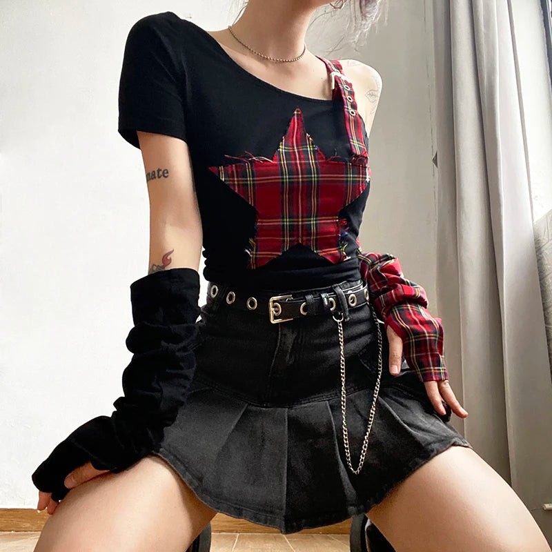 Gothic Punk Emo Tartan Plaid Star Top TShirt Arm Sleeves