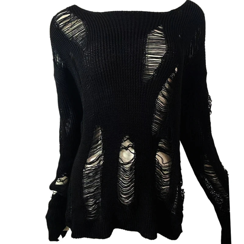 Gothic Punk Black Long Sleeve Sweater Ripped Knit Pullover Jumper