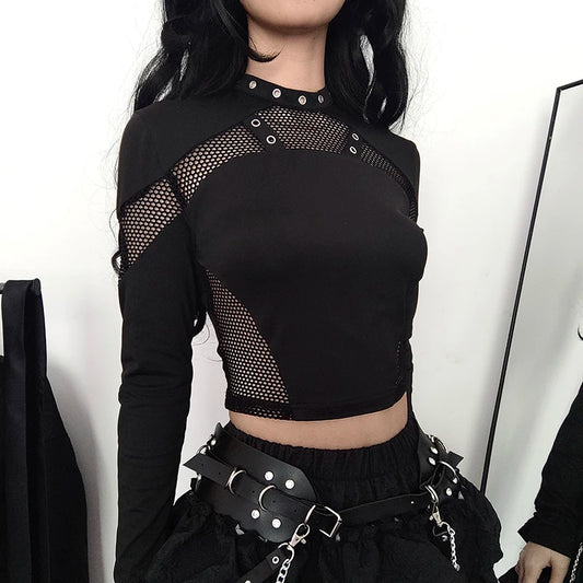 Sexy Gothic Punk Black Fishnet Mesh Long Sleeve Top Rivet Detail