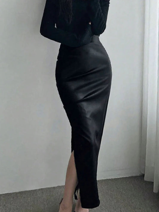 Long Black PU Leather Gothic Pencil Skirt