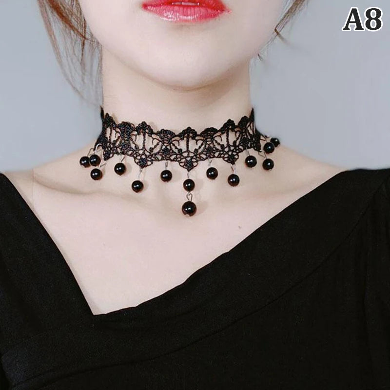Gothic Chokers Crystal Black Lace Collar Necklace Vintage Victorian
