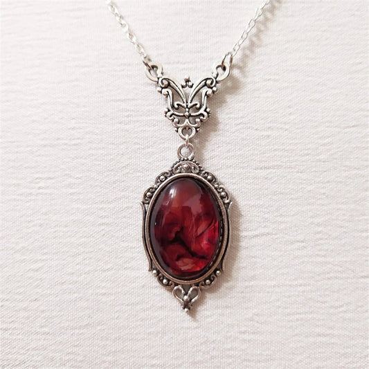 Gothic Blood Red Quartz Charm Necklace Oval Pendant Halloween Vampire Witch Jewellery Vintage