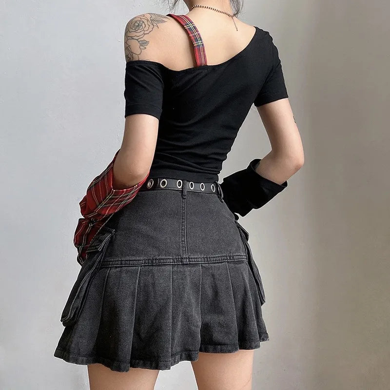 Gothic Punk Emo Tartan Plaid Star Top TShirt Arm Sleeves