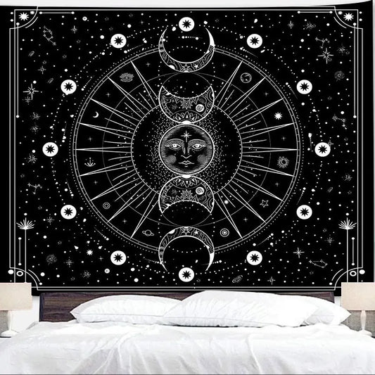 Pagan White Black Sun Moon Mandala Phase Wall Hanging Tapestry Moonlight Black Tapestries Boho Room Wall Home Decor