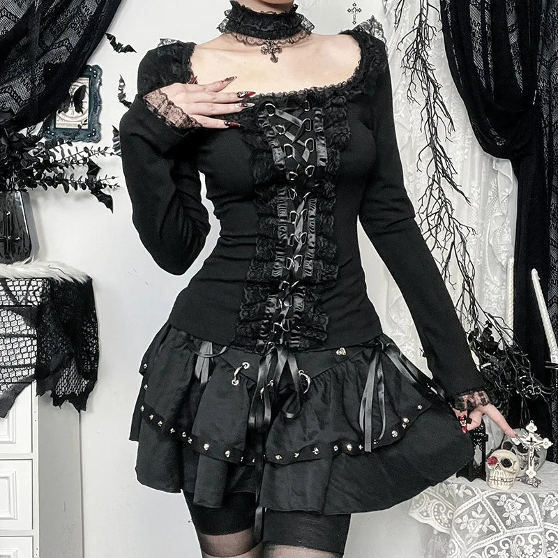 Black Gothic Lace Side Long Sleeve Tops T-shirts Mall Goth