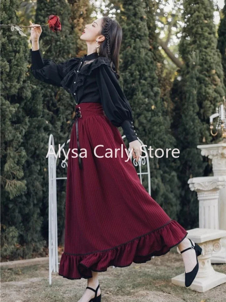 Vintage Gothic Black Lace Ruffle Blouse, Lace-up Long Skirt Outfit