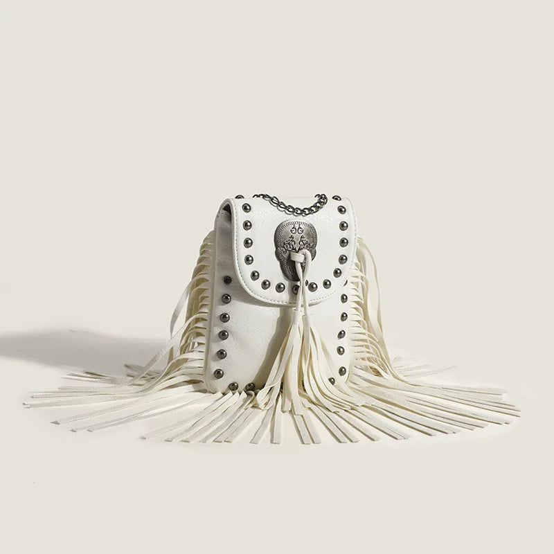 Boho Hippie Punk Skull Tassel Riveted Leather Shoulder Bag Handbag