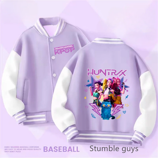 Kpop Demon Hunters Baseball Varsity Jacket Kids Rumi Mira Zoey Huntrix Derpy Tiger Coat Merch Gifts