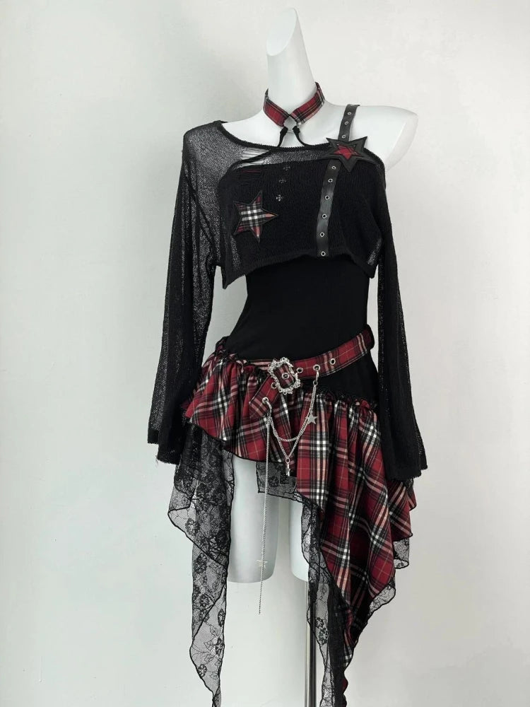 Unique Punk Gothic Tartan Plaid Dress Skirt Outfit