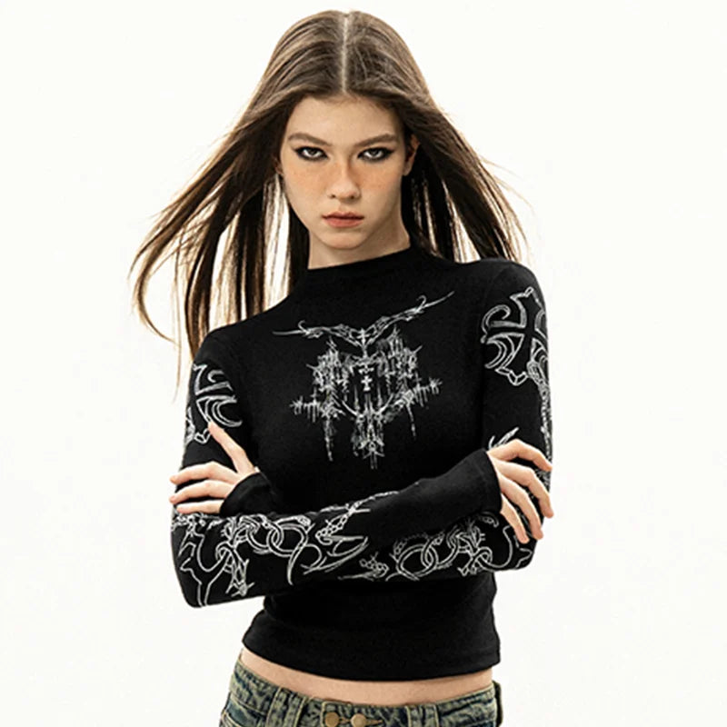Goth Grunge Y2k Emo Black Long Sleeve Gothic Print High Neck Top
