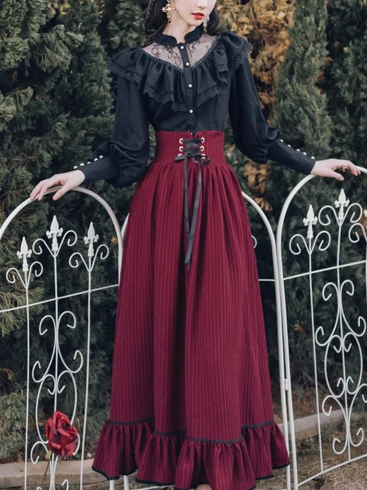 Vintage Gothic Black Lace Ruffle Blouse, Lace-up Long Skirt Outfit