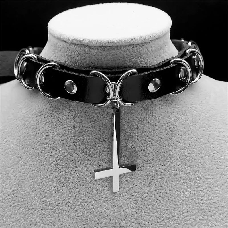 Punk Choker Gothic Satan Inverted Cross Necklace Satanic Jewellery