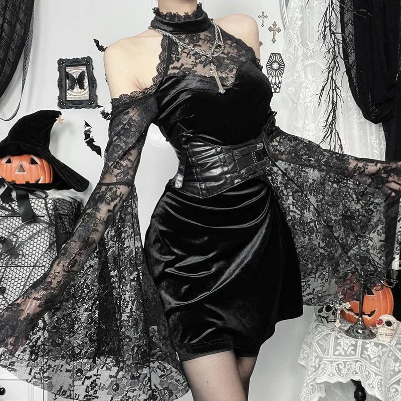 Sexy Black Gothic Velvet Lace Mini Dress