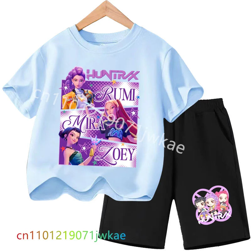 Huntrix T-shirt Set Kpop Demon Hunters Summer Clothes Shorts Rumi