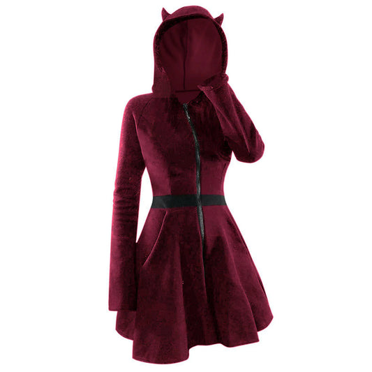 Wine Red Gothic Medieval Horns Hooded Dress Zip up