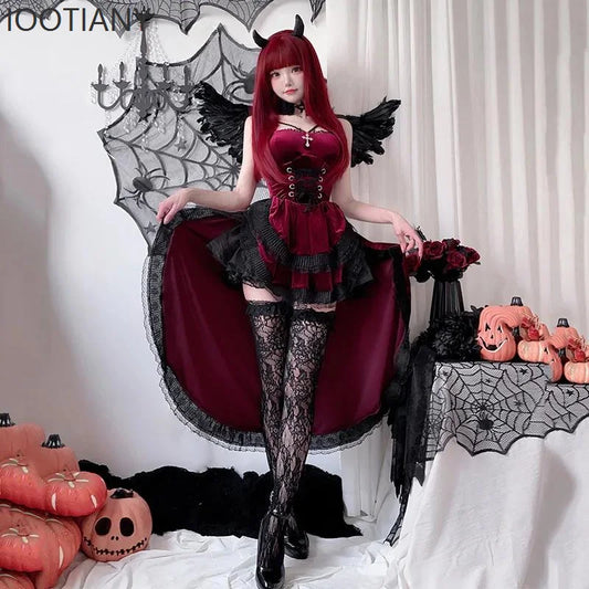 Halloween Dark Gothic Ladies Victorian Red Velvet Dress Costume