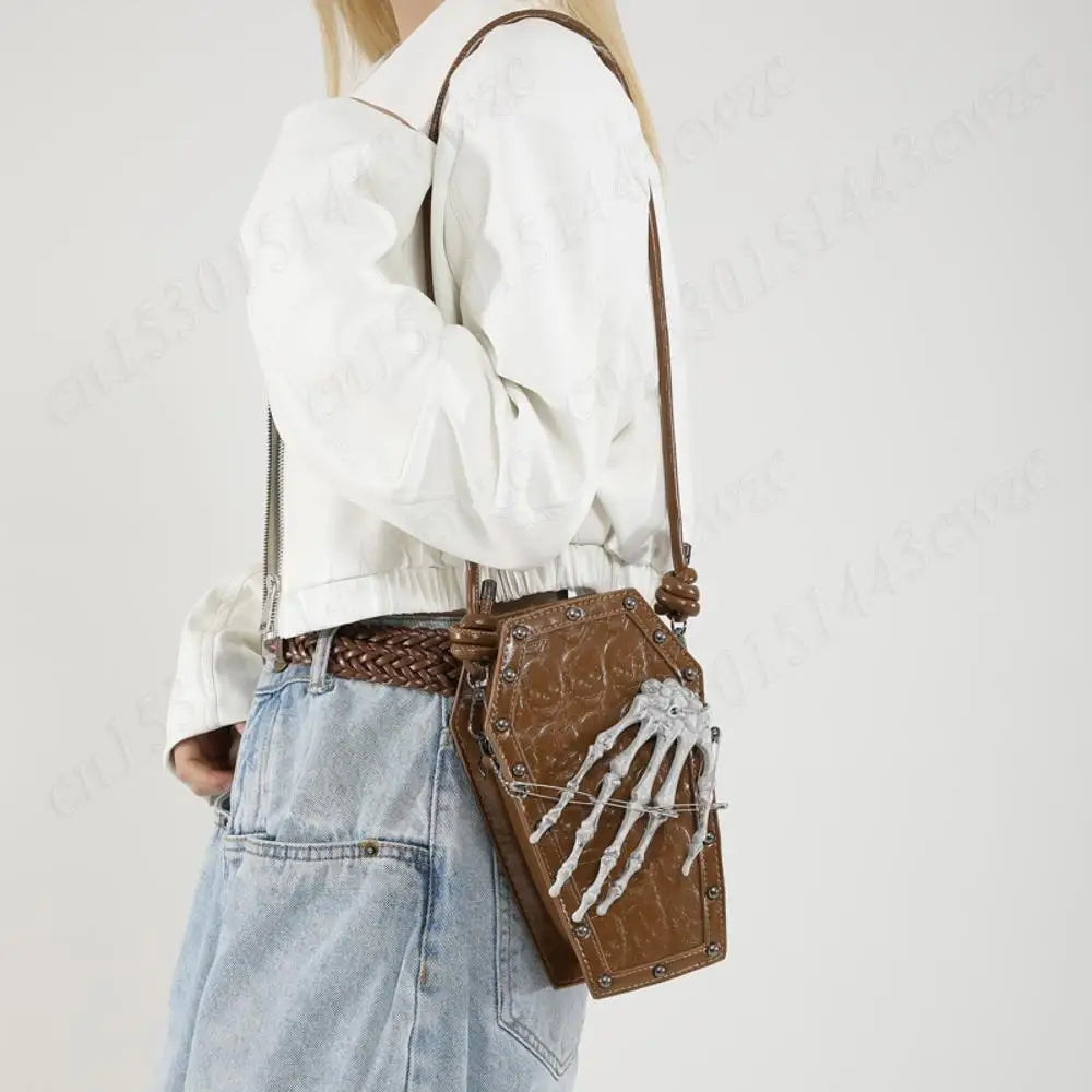 Punk Skull Shoulder Bag PU Leather Retro Gothic Cell Phone Purse Coffin Shape Handbag