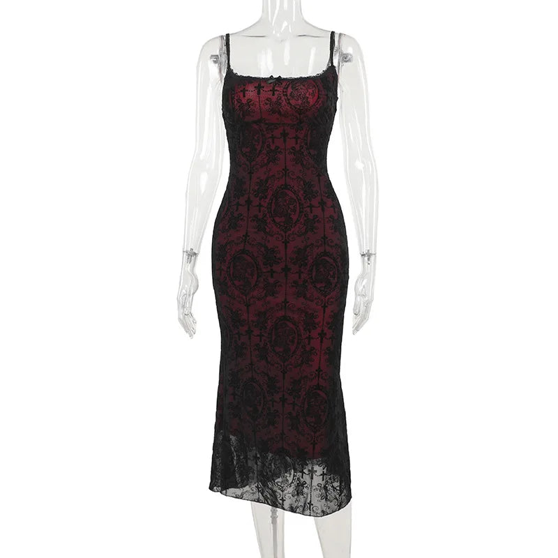 Gothic Black Red Lace Sexy Long Fishtail Dress