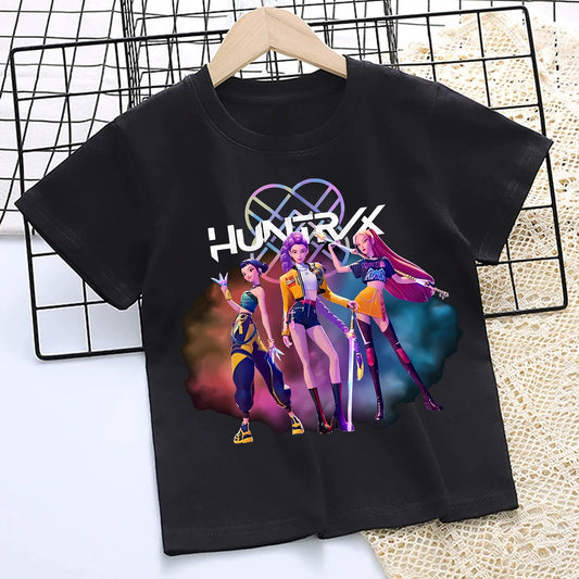 KPop Demon Hunters T-shirt Huntrix Rumi Kids Summer Top Clothes K-Pop Tshirt Black