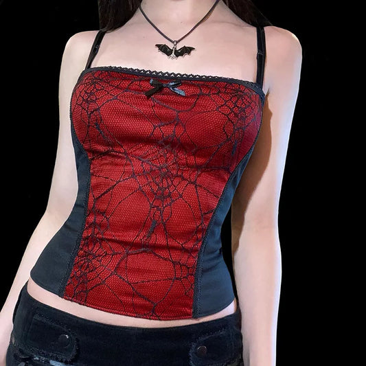 Gothic Cami Y2K Grunge Crop Top Mesh Spider Net Lace Vest