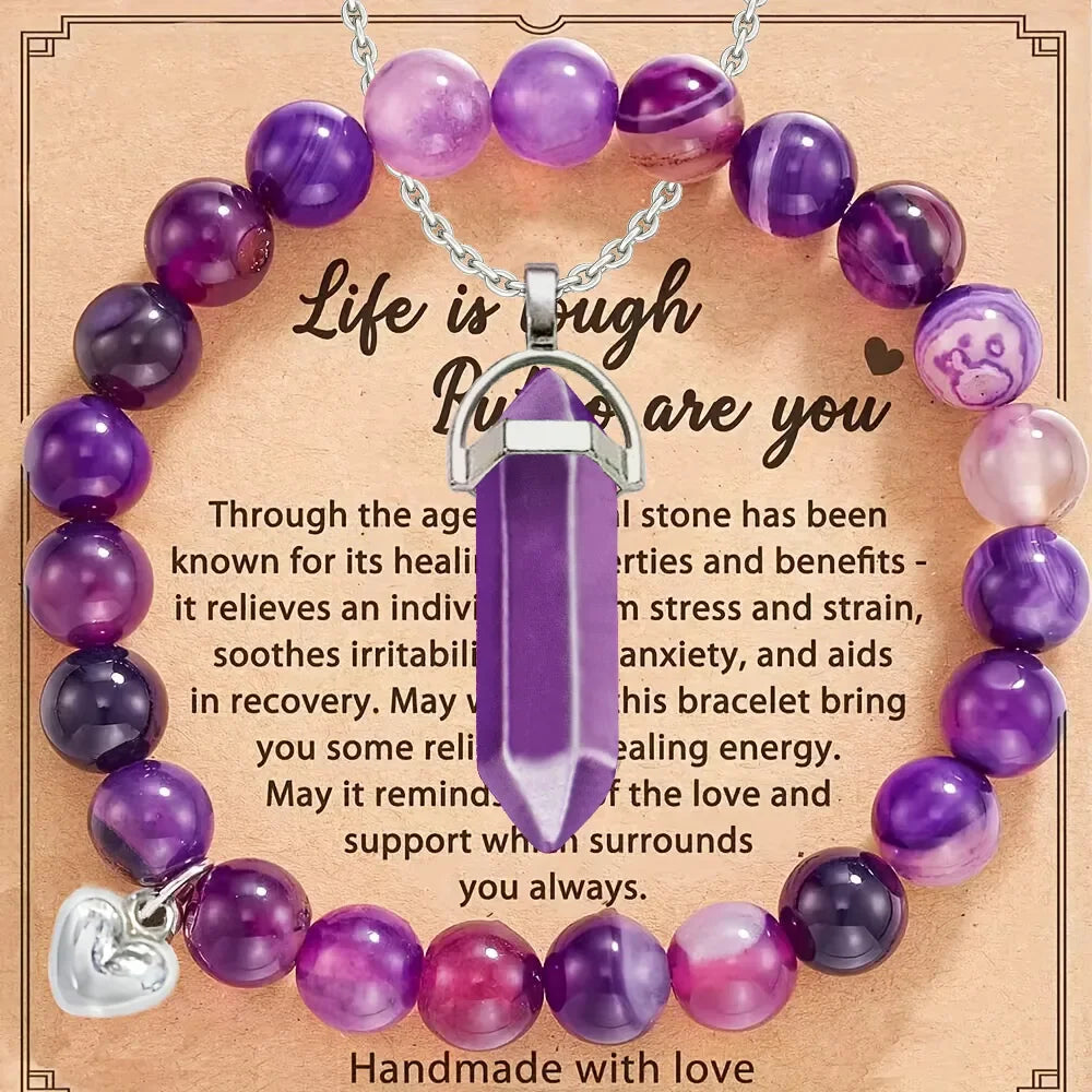 2pcs/set Amethyst Necklace Pendant and Purple Stripe Agate Bracelet with Card Gift Stress Relief & Anxiety