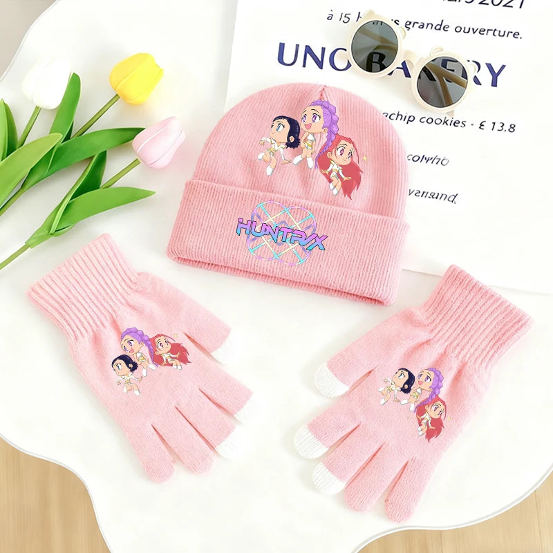 KPop Demon Hunters Knitted Hats Gloves 2pcs Set Huntrix Clothes Gifts