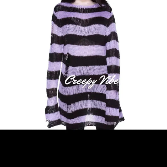 Punk Gothic Lilac Light Purple Gradient Black Loose Knit Long Unisex Sweater Alternative Striped Ripped Jumper