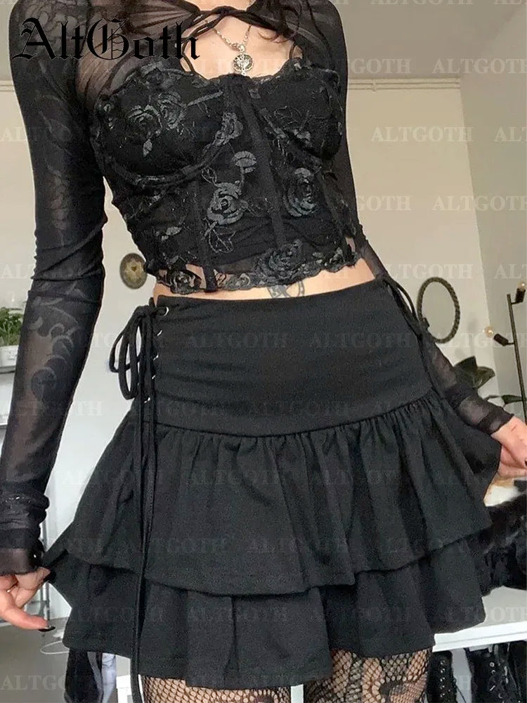 Black Gothic Cake Skirt Dark Punk Streetwear Emo Mini Skirt