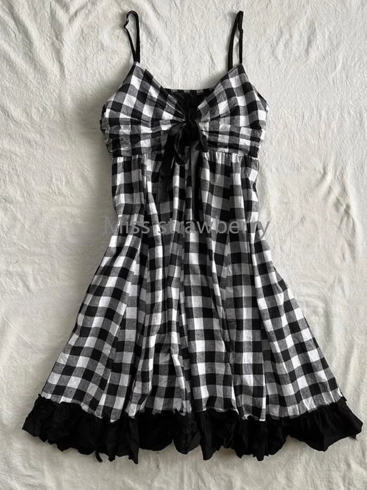 Punk Y2K Black White Check Plaid Puffball Dress Top