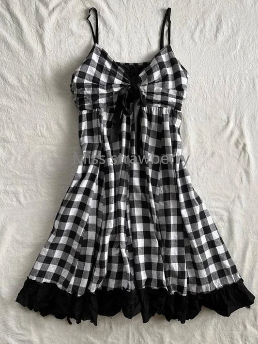 Punk Y2K Black White Check Plaid Puffball Dress Top