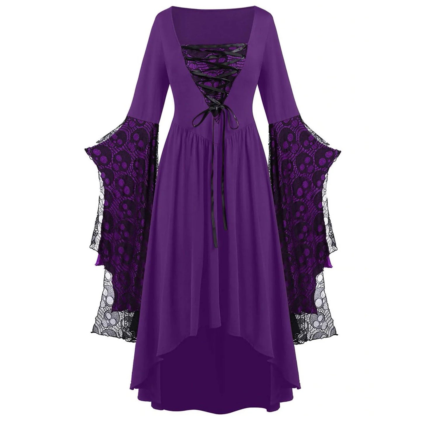Gothic Long Black Witch Dress Halloween Fancy Dress Costume Purple