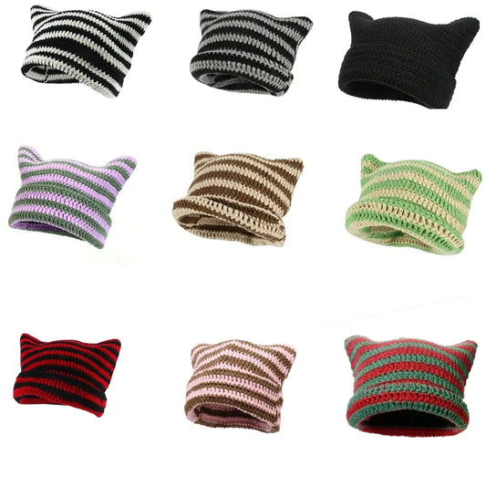 Fashion Crochet Cat Ear Beanie Knitted Emo Y2K Slouch Hat