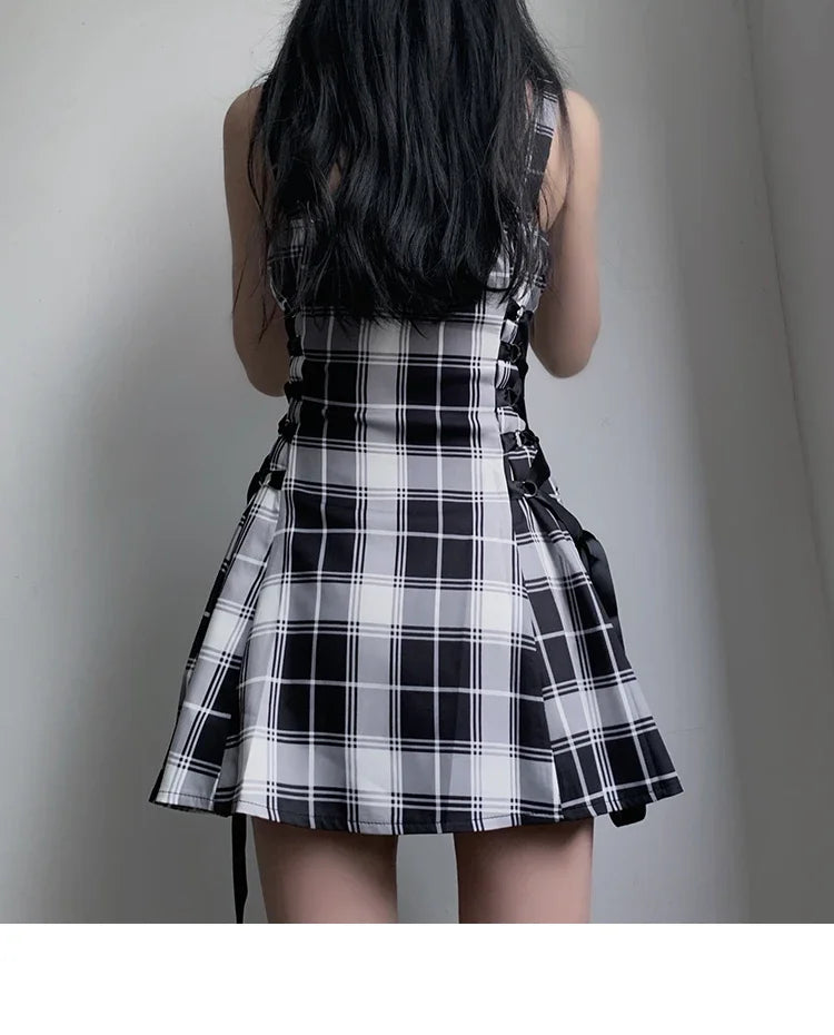 Plaid Ribbon Lace Up Punk Check Mini Dress