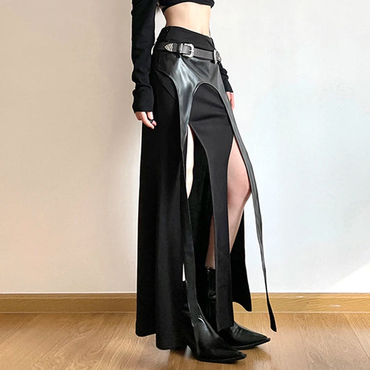 Sexy Long Black Gothic Punk Thigh Split Maxi Skirt