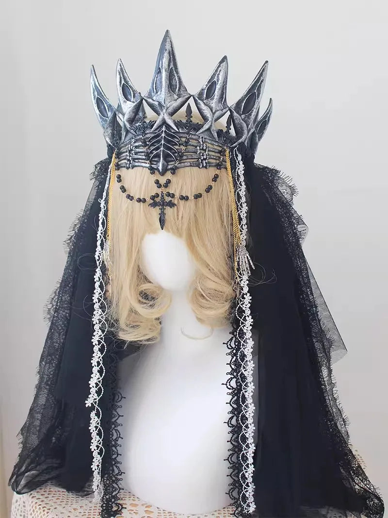 Gothic Queen Dark Crown Black Lace Veil Headdress Women Anime Accessories Cosplay Props  Lolita Hair Accessories