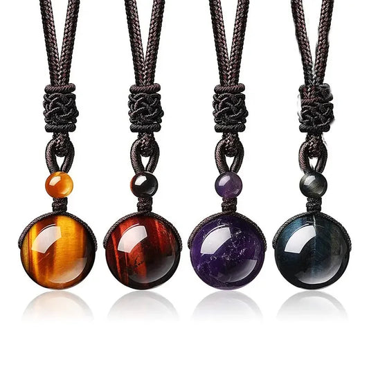 16 Mm Black Obsidian Tiger Eyes Amethyst Stone Necklaces with Adjustable Braided Rope Cords Natural Crystal Pendant