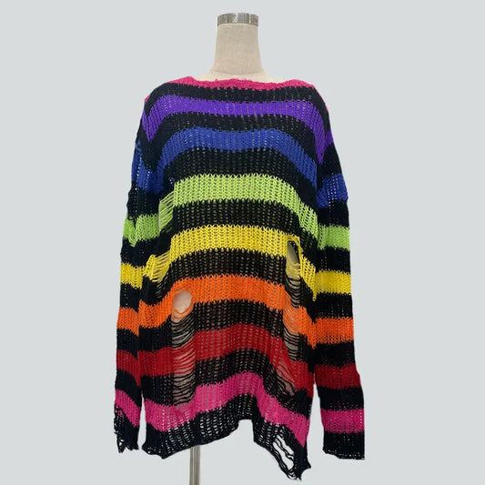 90s Grunge Punk Stripe Loose Knitted Ripped Distressed Sweater Jumper