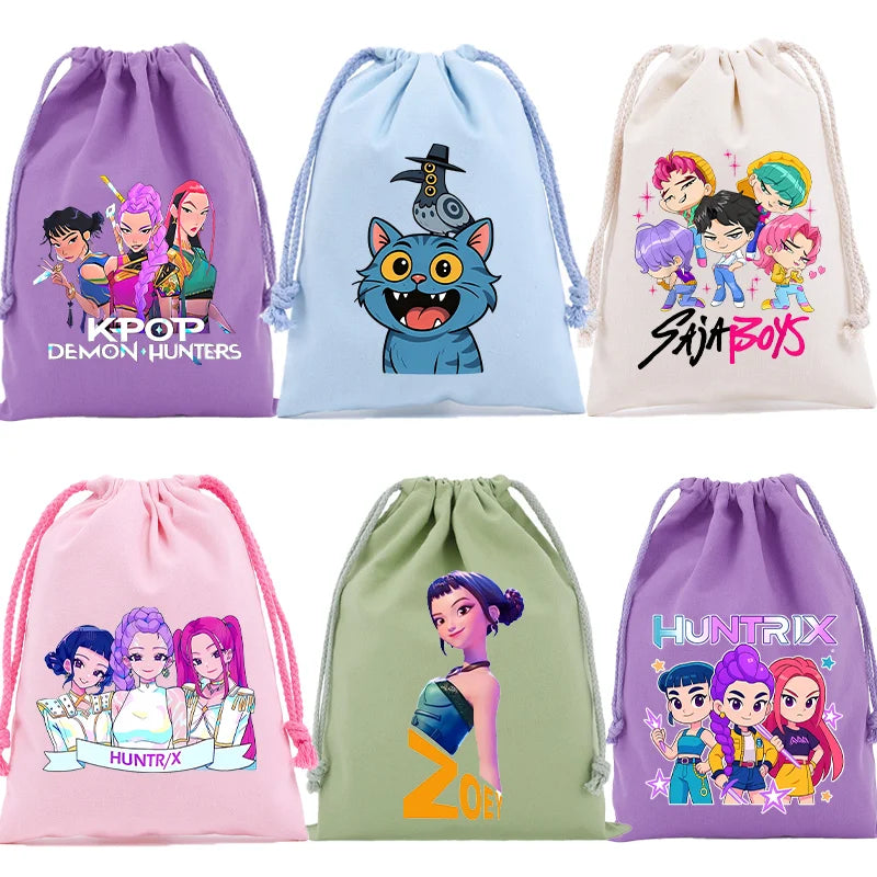 KPop Demon Hunters Merch Drawstring Purse Pouch Swim/PE Kit Swim Book Bag Huntrix Derpy Tiger Gift