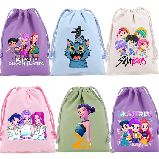 KPop Demon Hunters Merch Drawstring Purse Pouch Swim/PE Kit Swim Book Bag Huntrix Derpy Tiger Gift