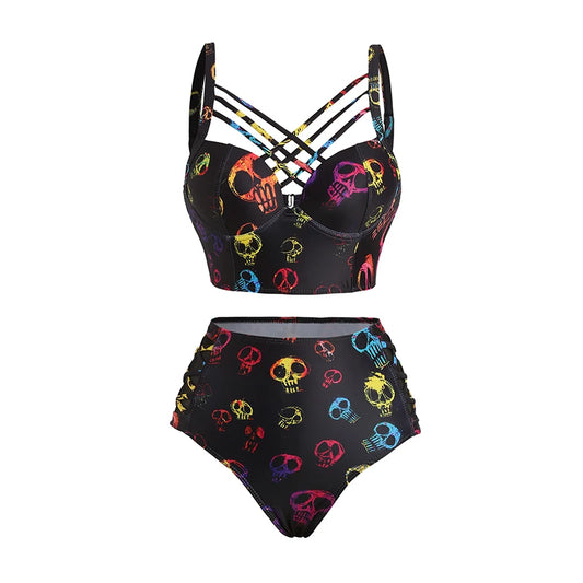 Gothic Skull Bikini Tankini Retro Vintage 1950s Swimsuit Two Piece Bathing Suit