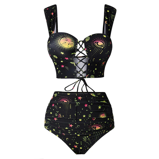 Gothic Vintage Retro 1950s Bikini Tankini Swimsuit Sun Moon High Waist Bottom Swimwear