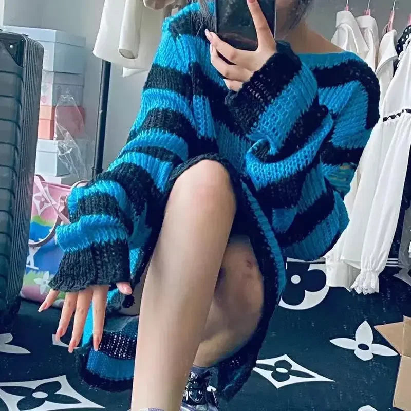 Pink White Punk Gothic Long Unisex Sweater Striped Jumper
