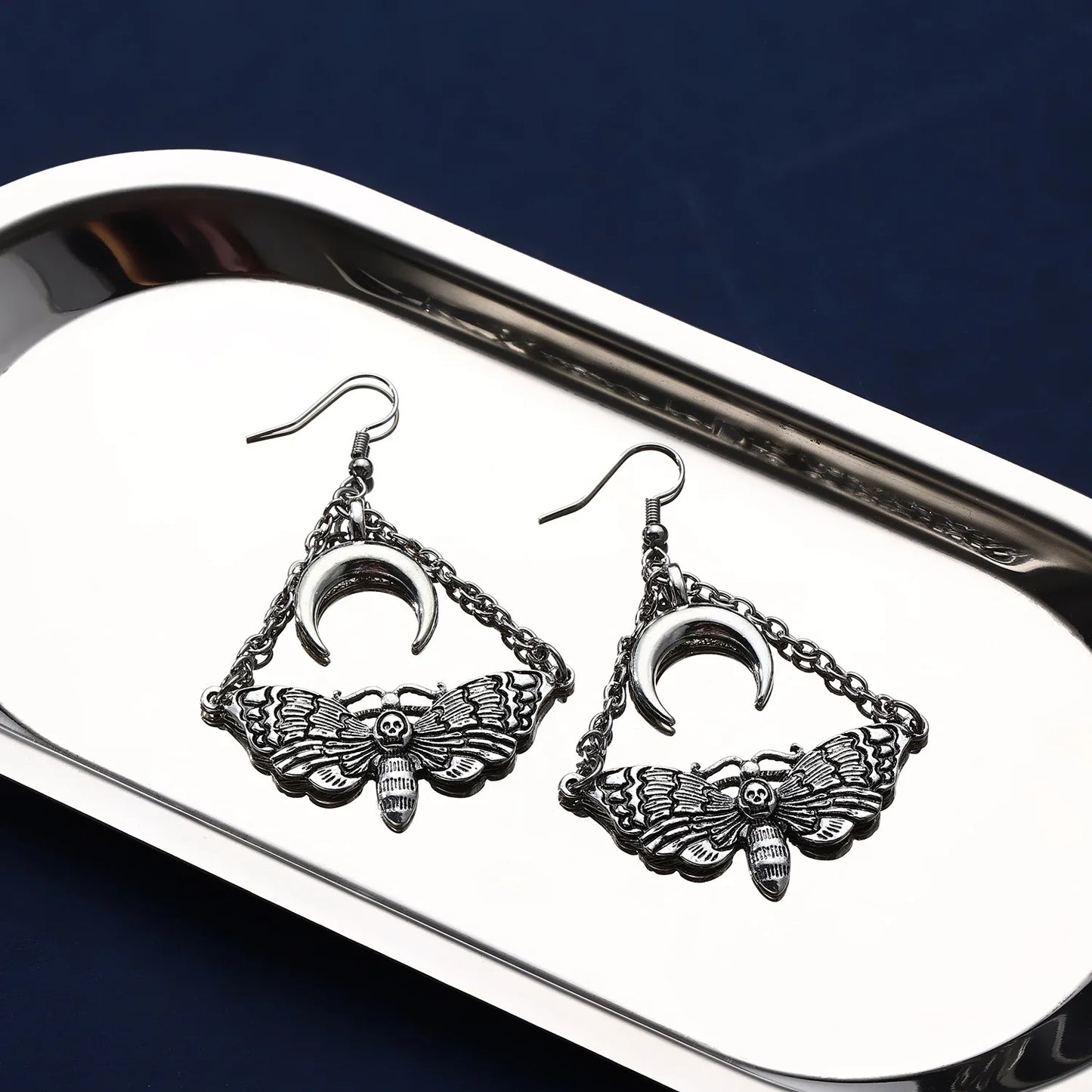 Gothic Skull Moth Hanging Moon Chain Earrings