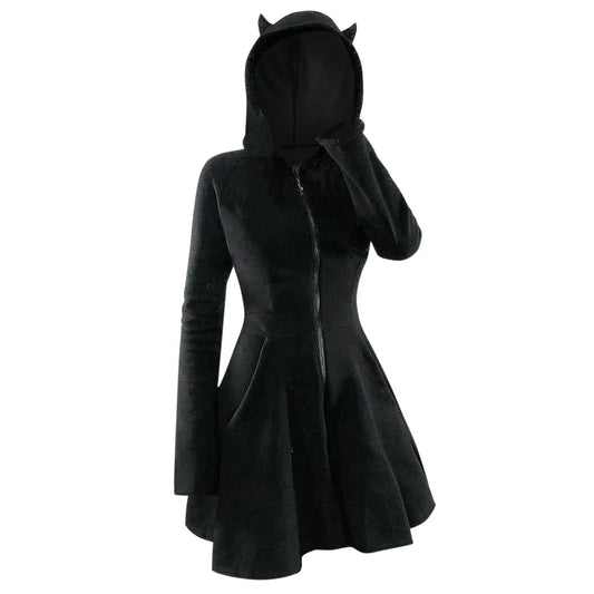 Black Gothic Medieval Horn Hooded Dress Zip up